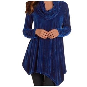 Soft Surroundings Cowl Neck Velvet Tunic Top Dark Blue Long Sleeves, size Small